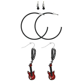 Black Ball Studs, Black Hoop & Chain Drop Electric Guitar with Diamante Stone Earrings on a Card