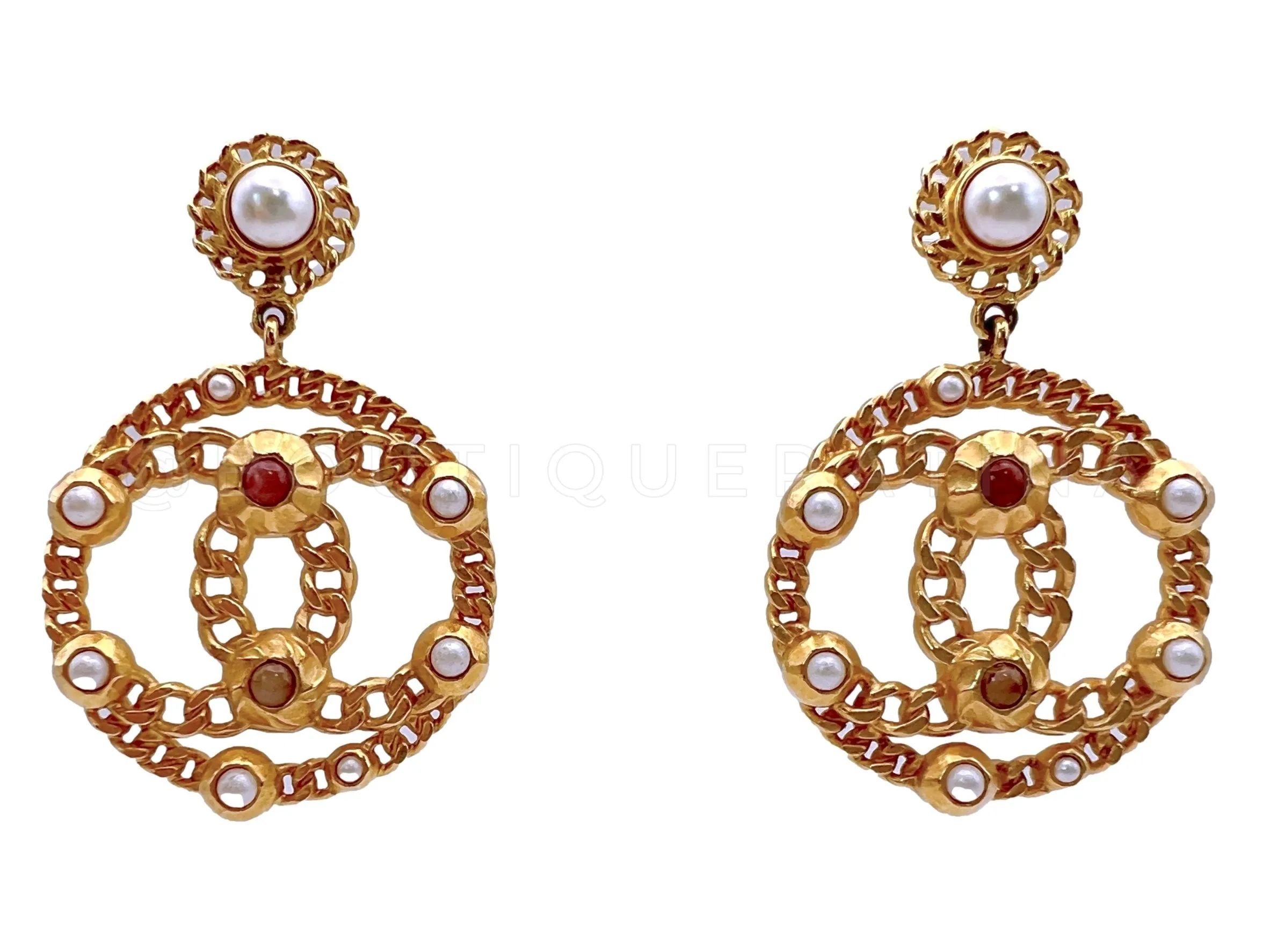 Chanel 18K Encircled CC Chain Logo Hoop Drop Earrings