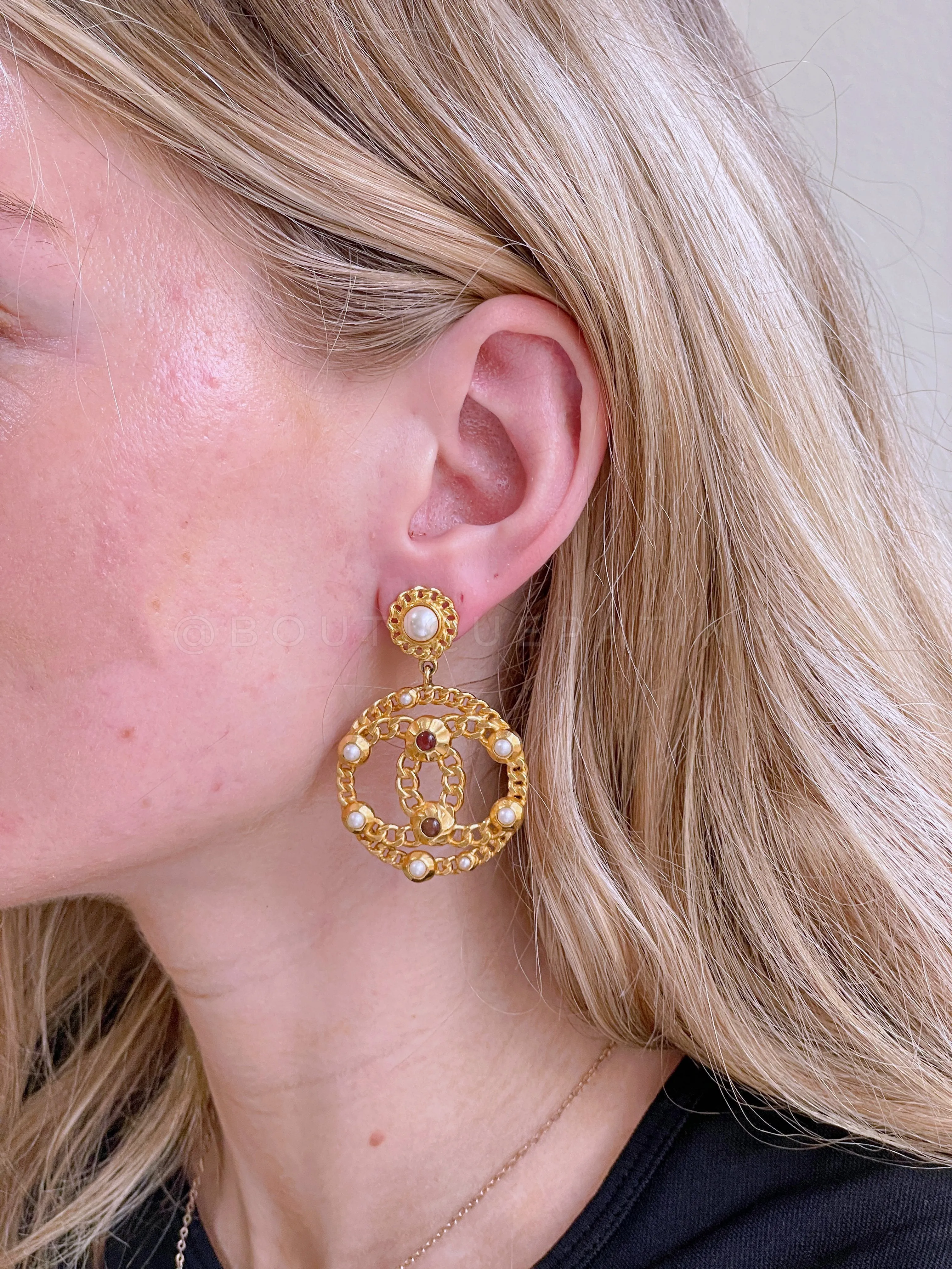 Chanel 18K Encircled CC Chain Logo Hoop Drop Earrings