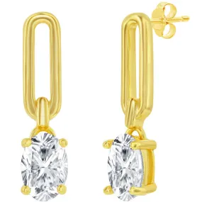 Classic Women's Earrings - Gold Plated Paperclip Oval White CZ Post Back | D-8257-GP