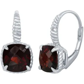 Classic Women's Earrings - Sterling Silver Four Prong Garnet Gemstone Square | D-6960