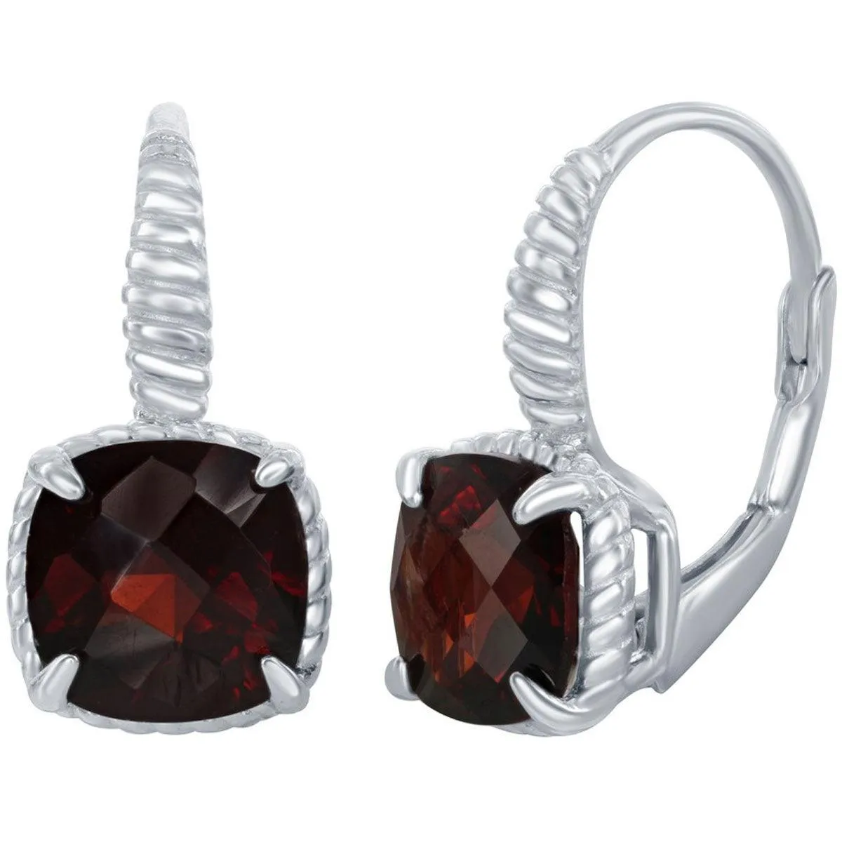 Classic Women's Earrings - Sterling Silver Four Prong Garnet Gemstone Square | D-6960