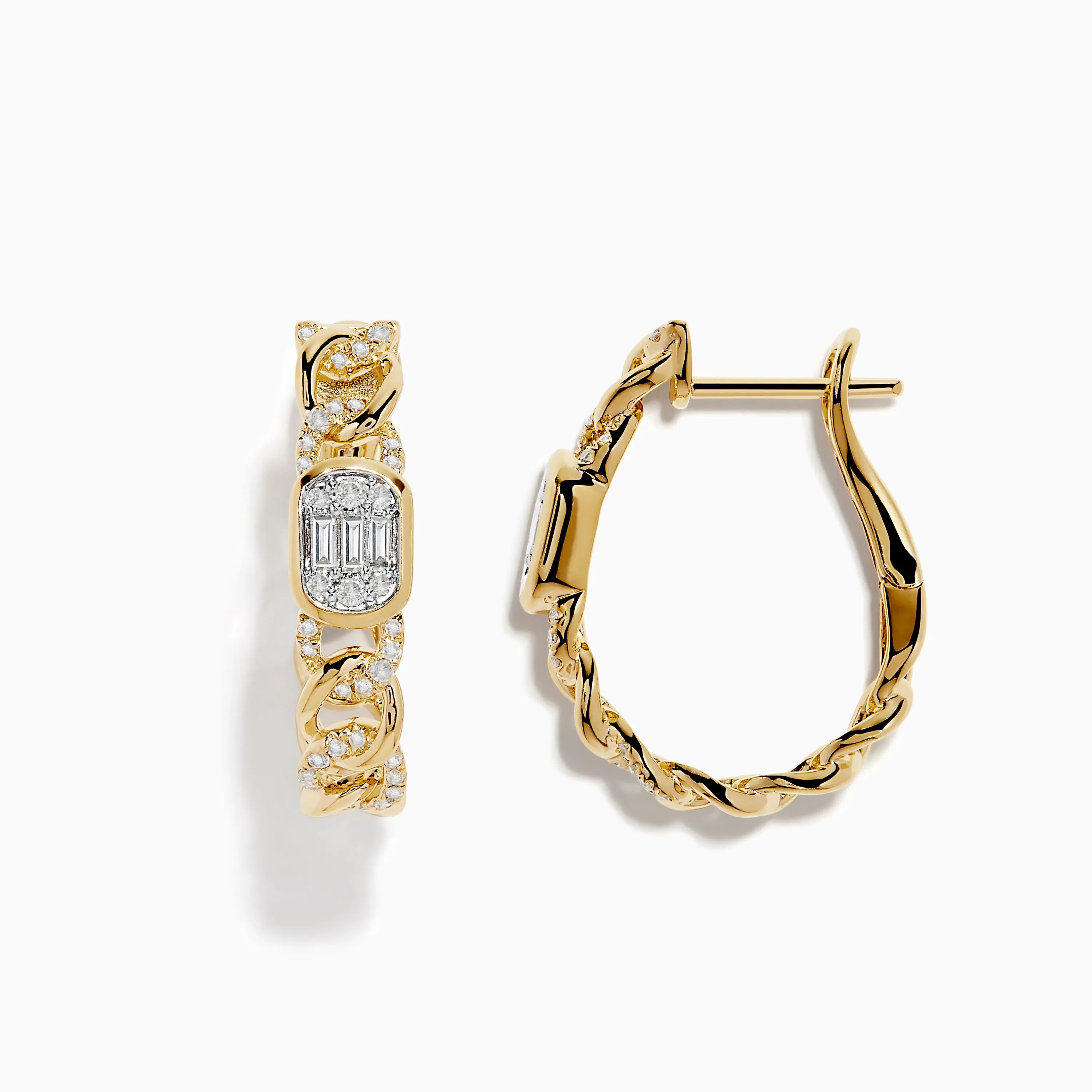 D'Oro 14K Yellow Gold Diamond Chain Style 7/8" Hoop Earrings