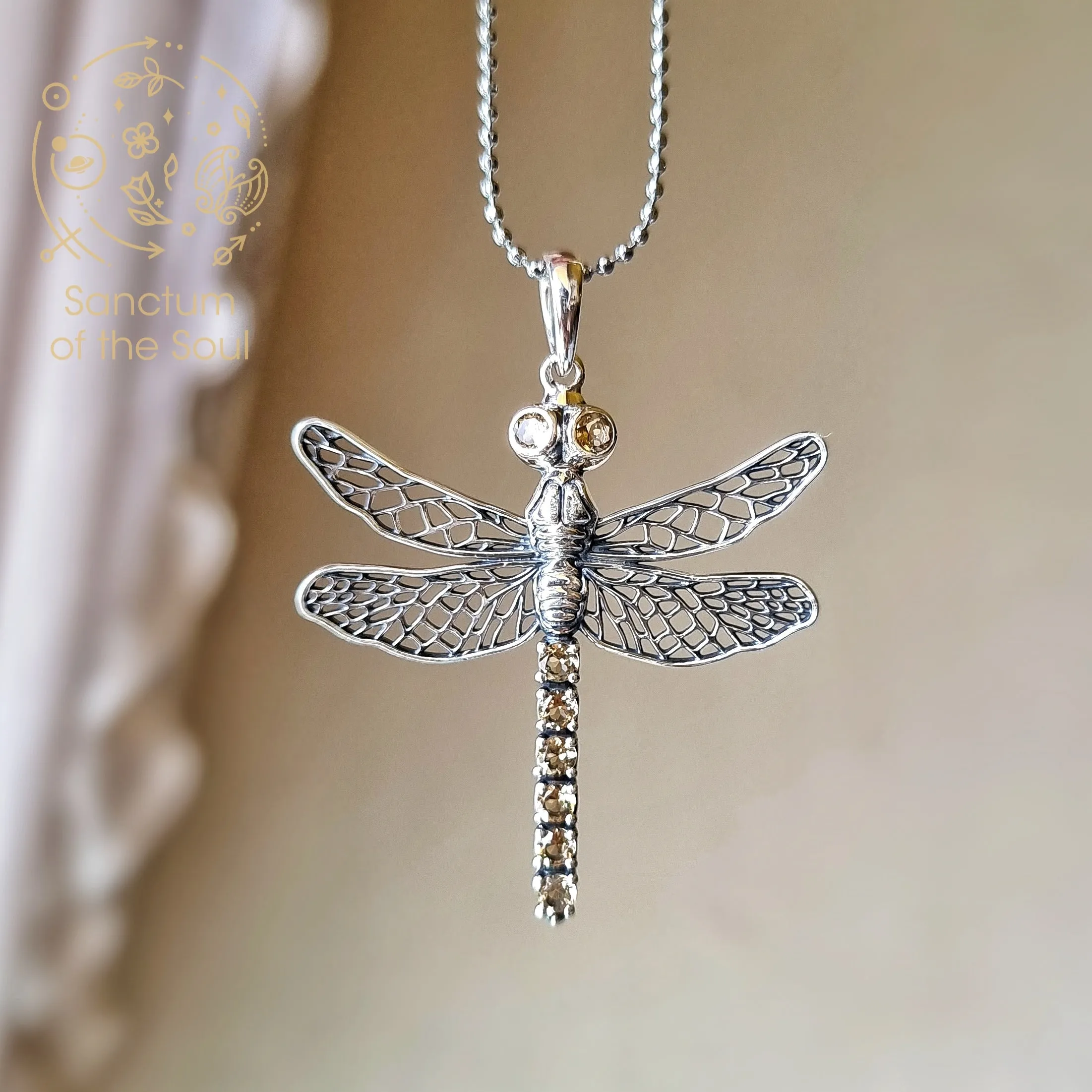 Faceted Citrine in Silver Dragonfly Pendant