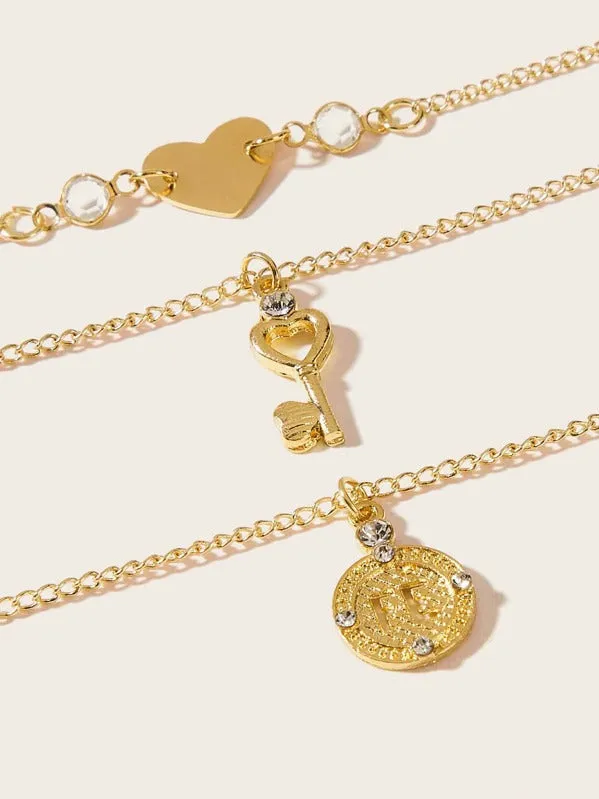 Fashion Jewelry Anklet Personality Love Heart Key Multi-layer Anklet
