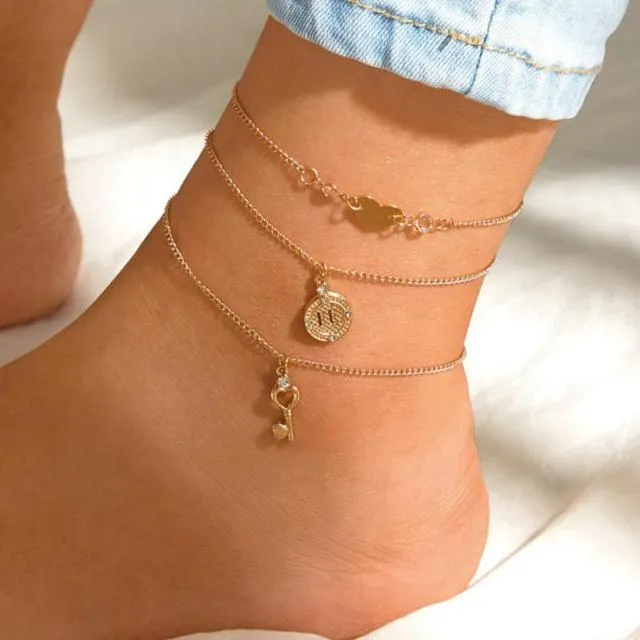 Fashion Jewelry Anklet Personality Love Heart Key Multi-layer Anklet