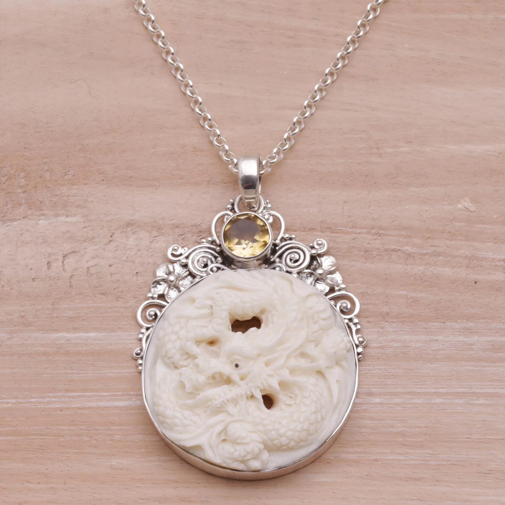 Fiery Antaboga Citrine and Bone Dragon Pendant Necklace from Bali