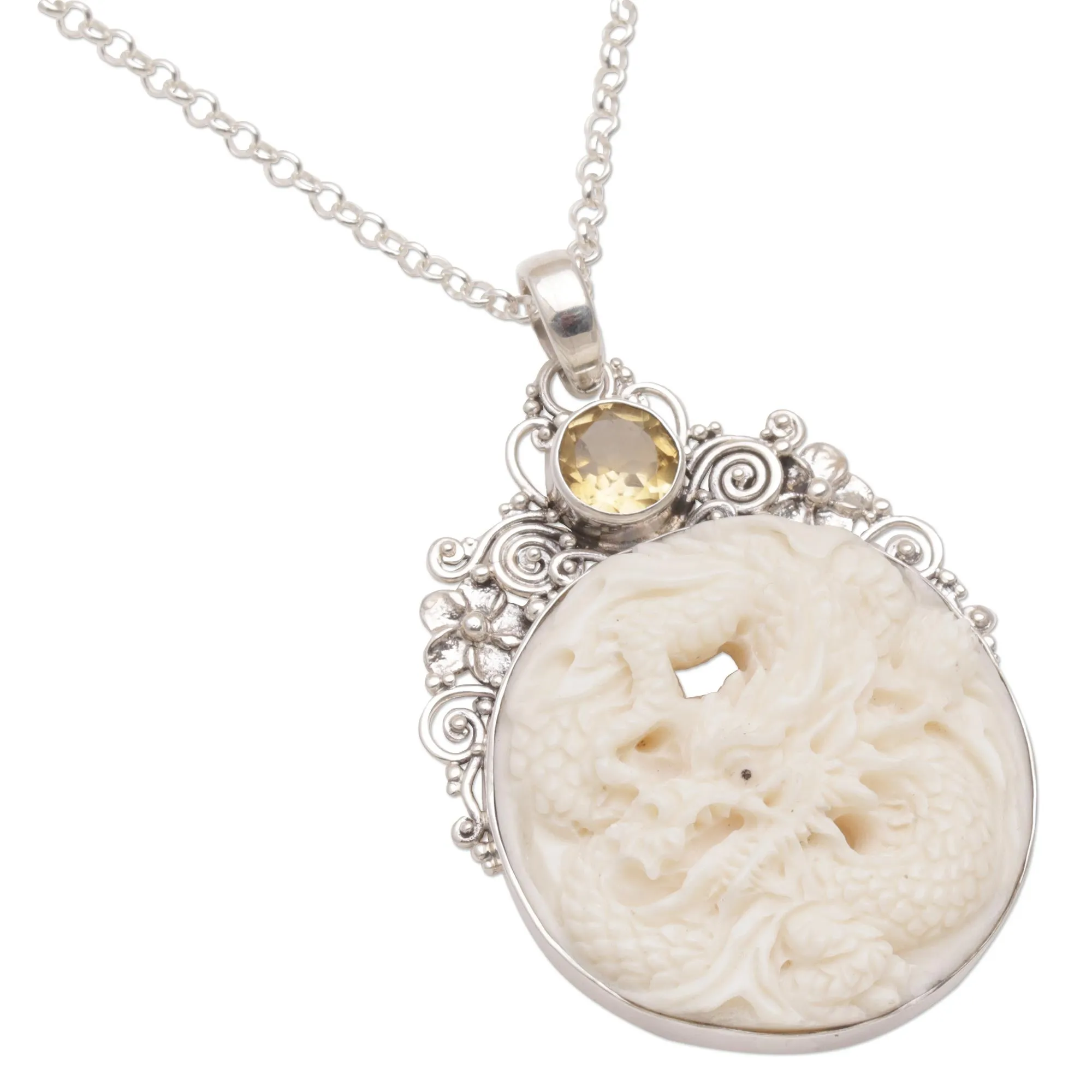 Fiery Antaboga Citrine and Bone Dragon Pendant Necklace from Bali