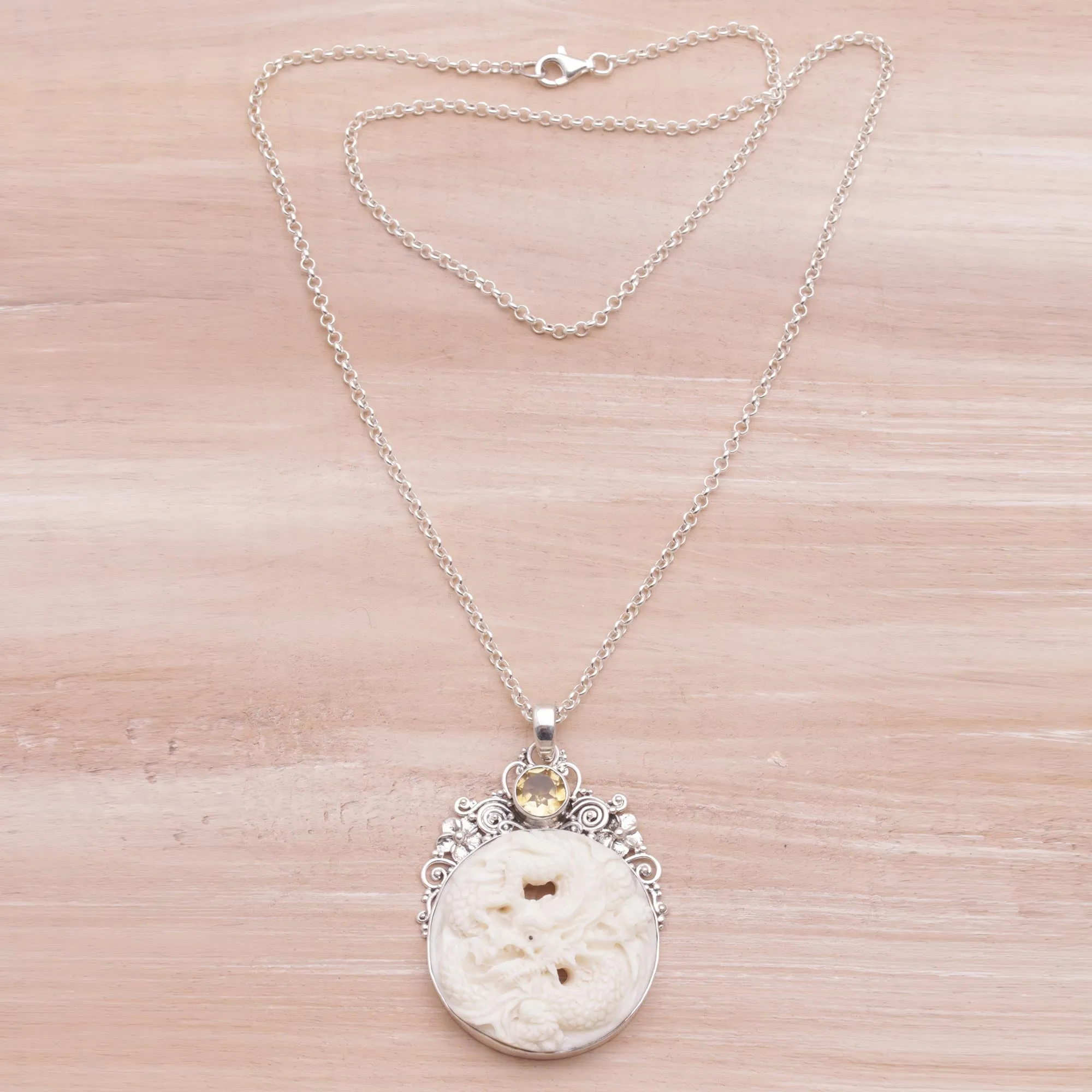 Fiery Antaboga Citrine and Bone Dragon Pendant Necklace from Bali