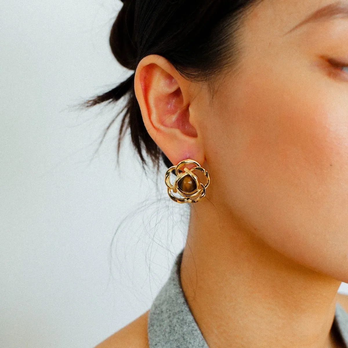 Geometric Camellia Earrings with Tiger's Eye