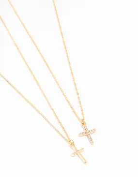 Gold Plain & Diamante Cross Necklace 2-Pack