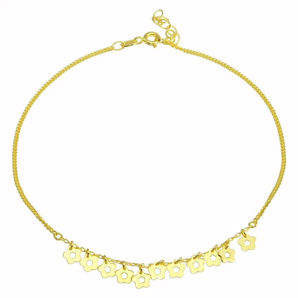 Gold Plated 925 Sterling Silver Dangling Flower Anklets - DIA00003GP