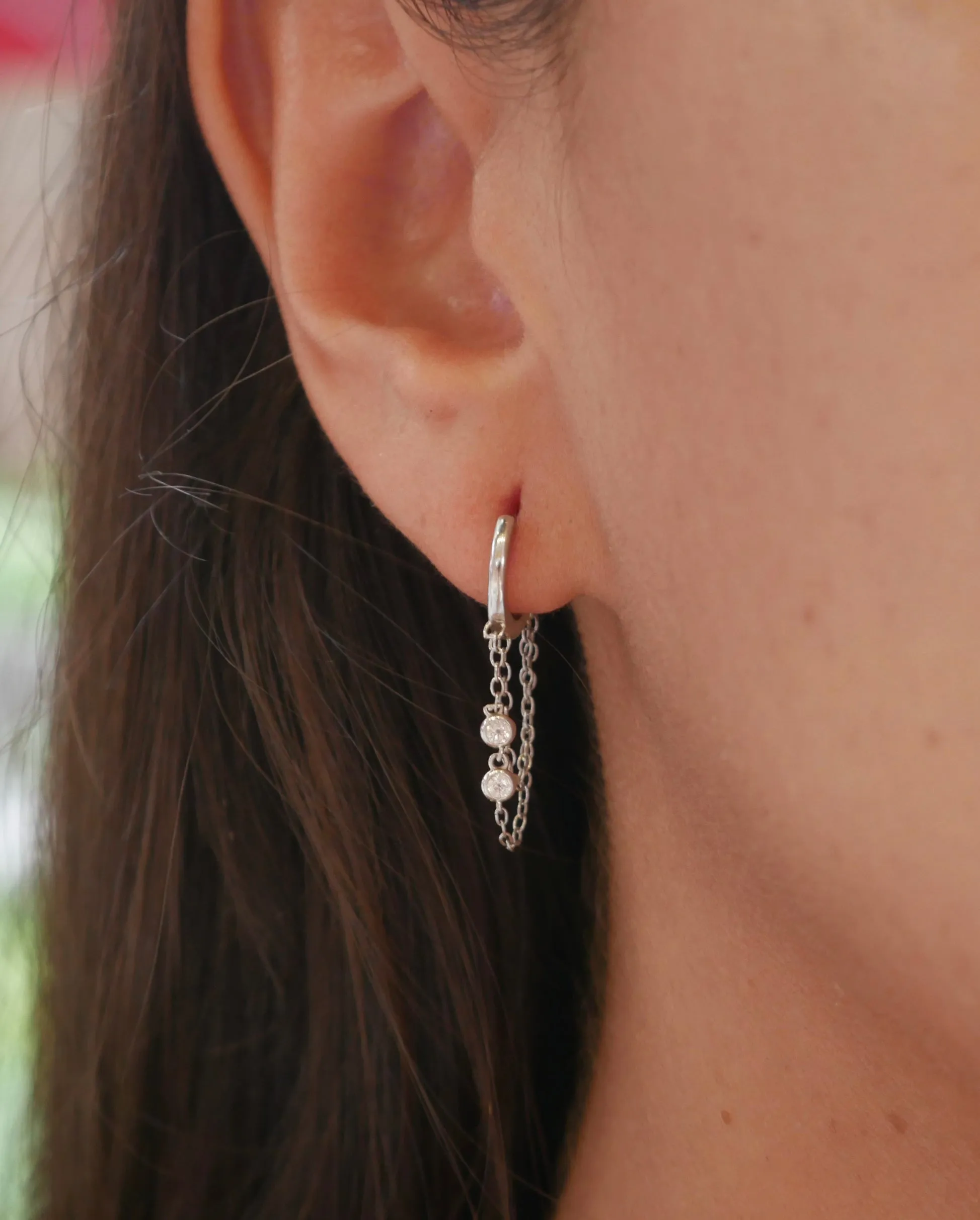 Hoop Earrings with Chain, .925 Sterling Silver, 18k Gold Plated Bezel Diamond CZ Waterproof Unisex Huggie Hoop Earrings