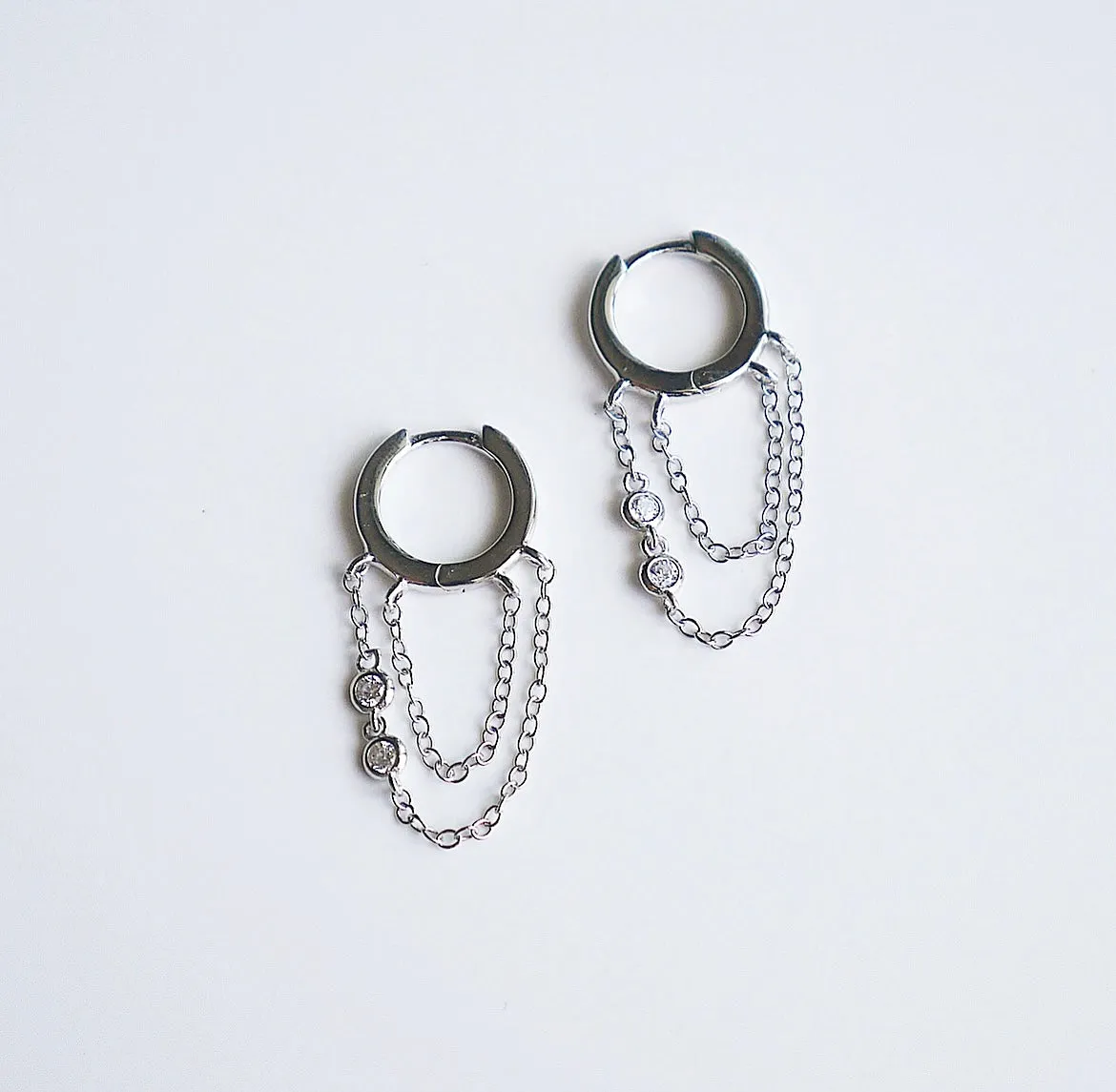 Hoop Earrings with Chain, .925 Sterling Silver, 18k Gold Plated Bezel Diamond CZ Waterproof Unisex Huggie Hoop Earrings