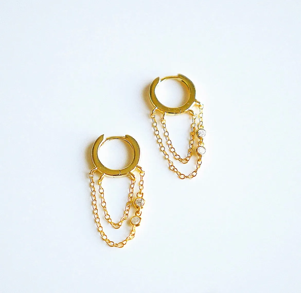 Hoop Earrings with Chain, .925 Sterling Silver, 18k Gold Plated Bezel Diamond CZ Waterproof Unisex Huggie Hoop Earrings
