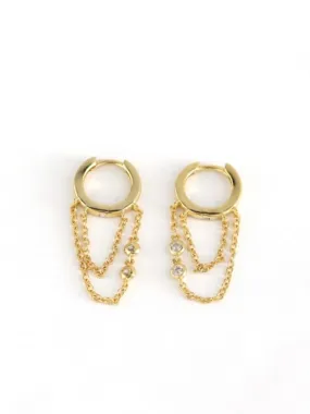 Hoop Earrings with Chain, .925 Sterling Silver, 18k Gold Plated Bezel Diamond CZ Waterproof Unisex Huggie Hoop Earrings