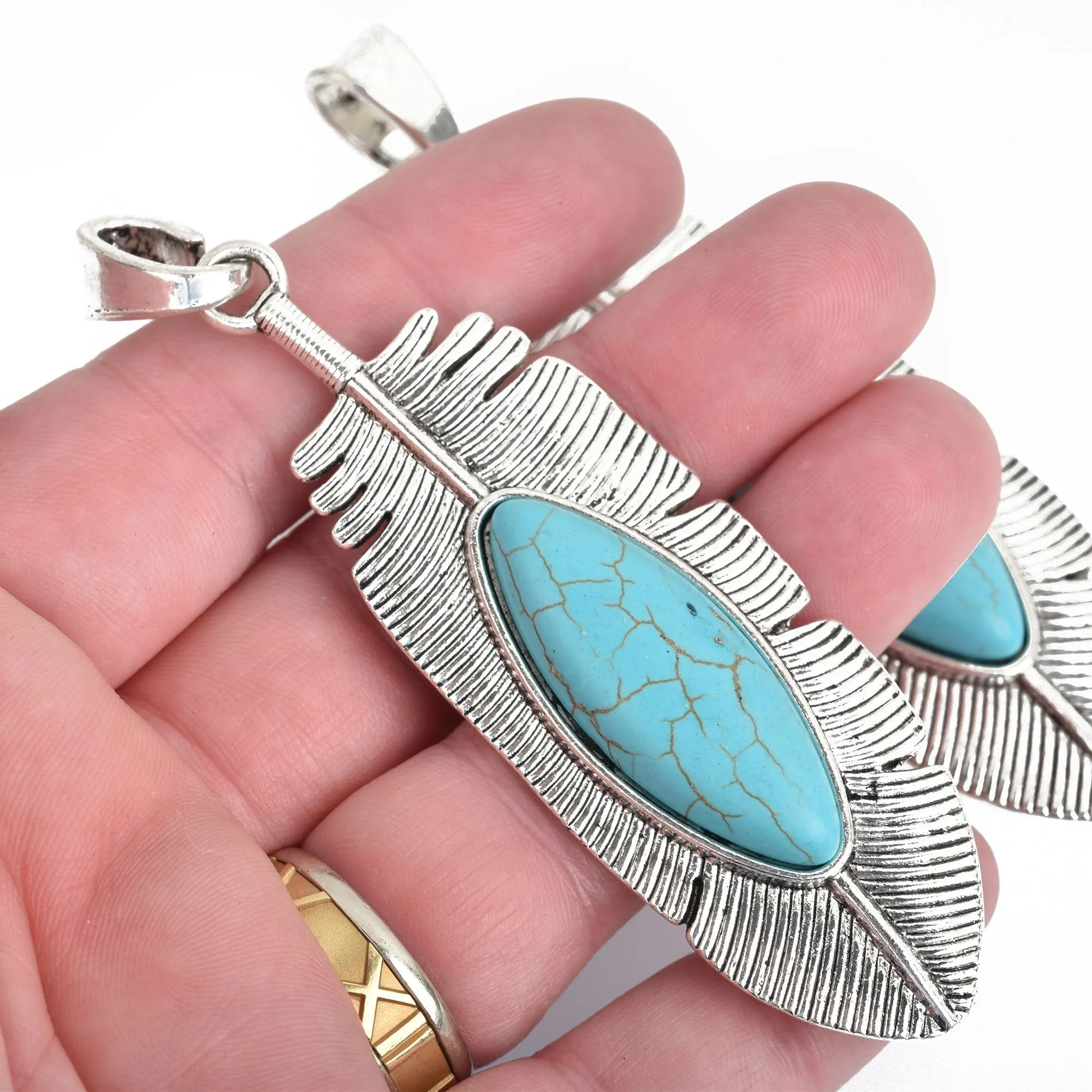 Large FEATHER Pendant, Faux Turquoise Cabochon, Silver Metal, 3-1/4" long, chs3946