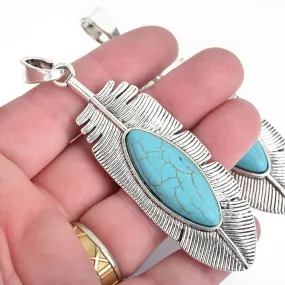 Large FEATHER Pendant, Faux Turquoise Cabochon, Silver Metal, 3-1/4" long, chs3946