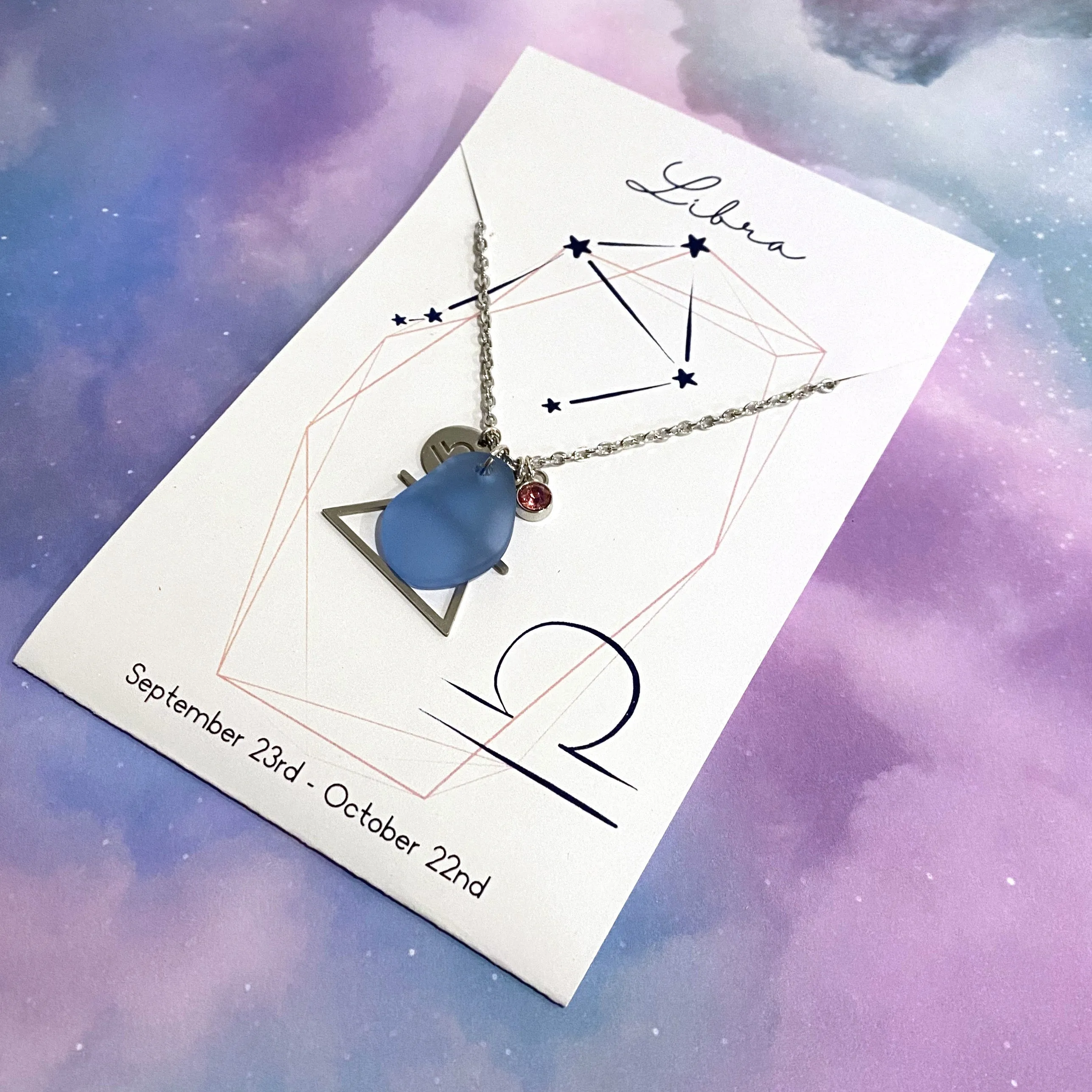 Libra Constellation Necklace with Blue Sea Glass, Custom Birthstone, and Air Element