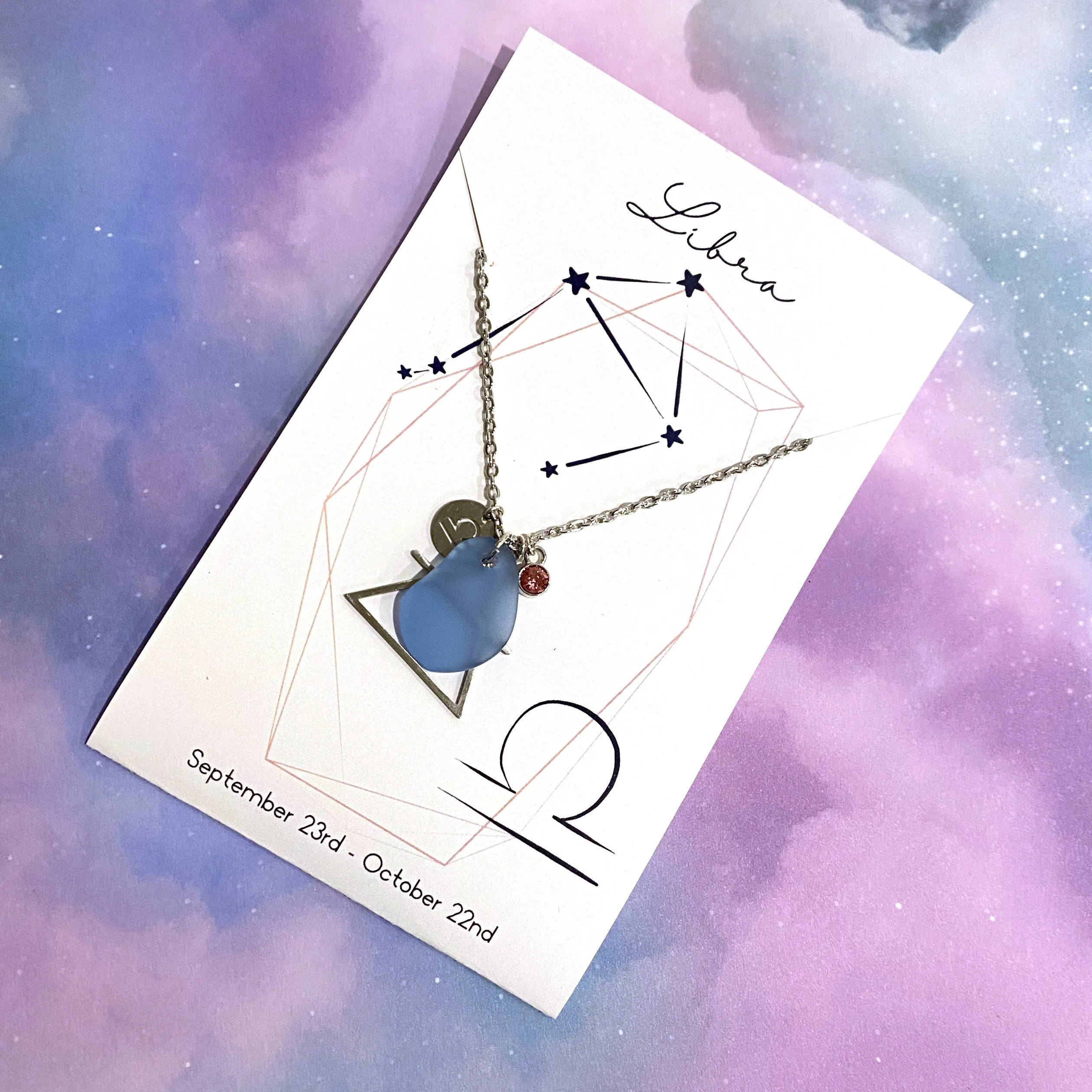 Libra Constellation Necklace with Blue Sea Glass, Custom Birthstone, and Air Element