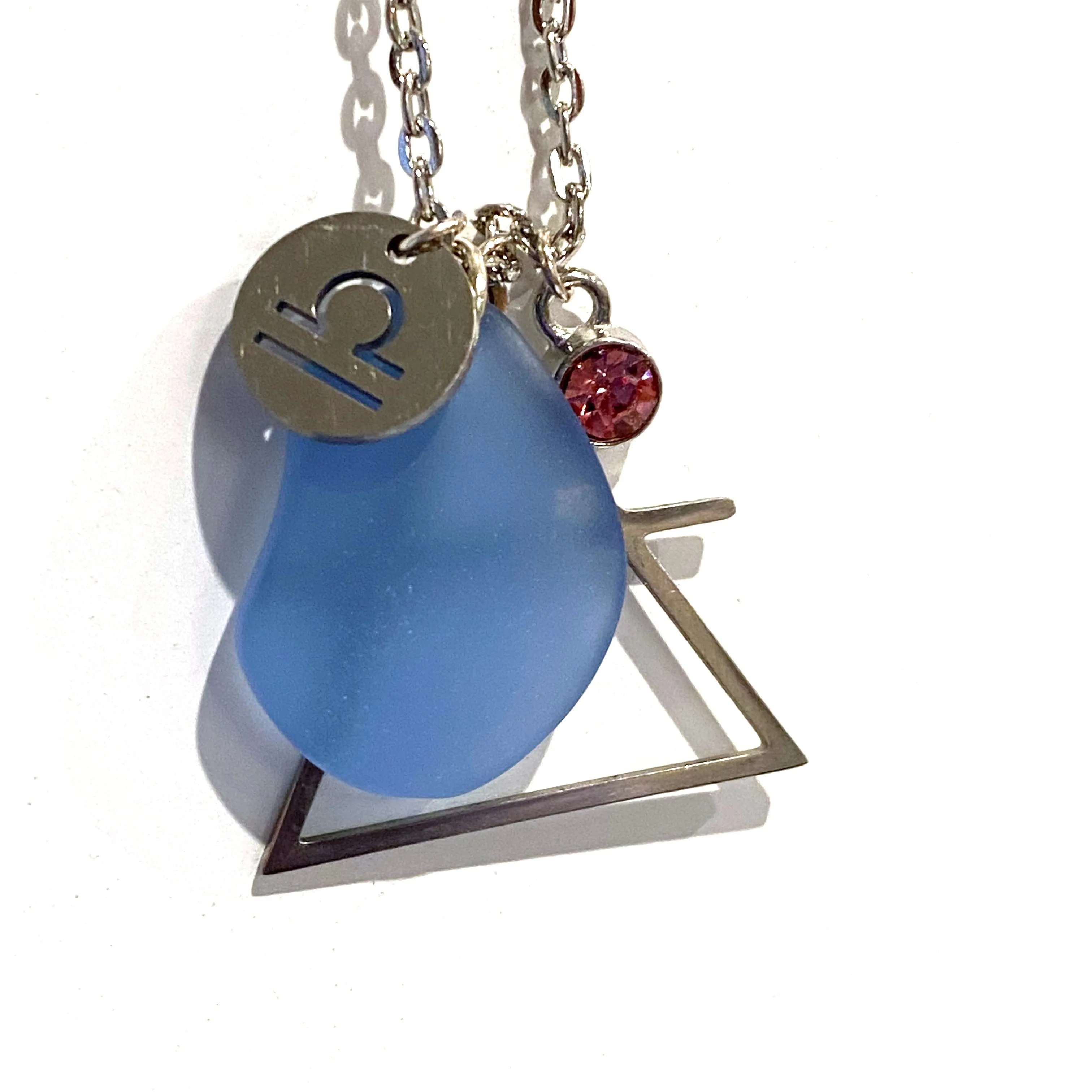 Libra Constellation Necklace with Blue Sea Glass, Custom Birthstone, and Air Element