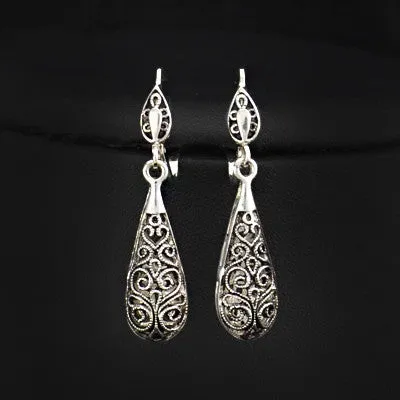 New Antique Silver Plated Vintage Alloy Carven Pattern Clasp Dangle Earrings
