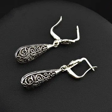 New Antique Silver Plated Vintage Alloy Carven Pattern Clasp Dangle Earrings