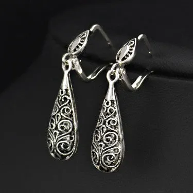 New Antique Silver Plated Vintage Alloy Carven Pattern Clasp Dangle Earrings