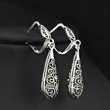 New Antique Silver Plated Vintage Alloy Carven Pattern Clasp Dangle Earrings