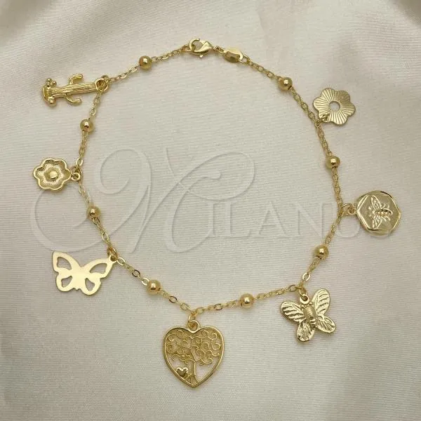 Oro Laminado Charm Anklet , Gold Filled Style Bee and Tree Design, Polished, Golden Finish, 03.32.0585.10