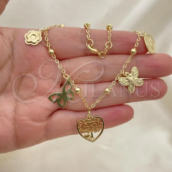 Oro Laminado Charm Anklet , Gold Filled Style Bee and Tree Design, Polished, Golden Finish, 03.32.0585.10