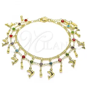 Oro Laminado Charm Anklet , Gold Filled Style Dolphin and Teardrop Design, with Multicolor Crystal, Polished, Golden Finish, 03.383.0005.10