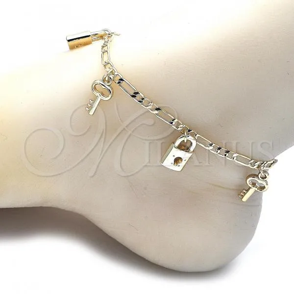 Oro Laminado Charm Anklet , Gold Filled Style Lock and key Design, Polished, Golden Finish, 03.63.2021.10