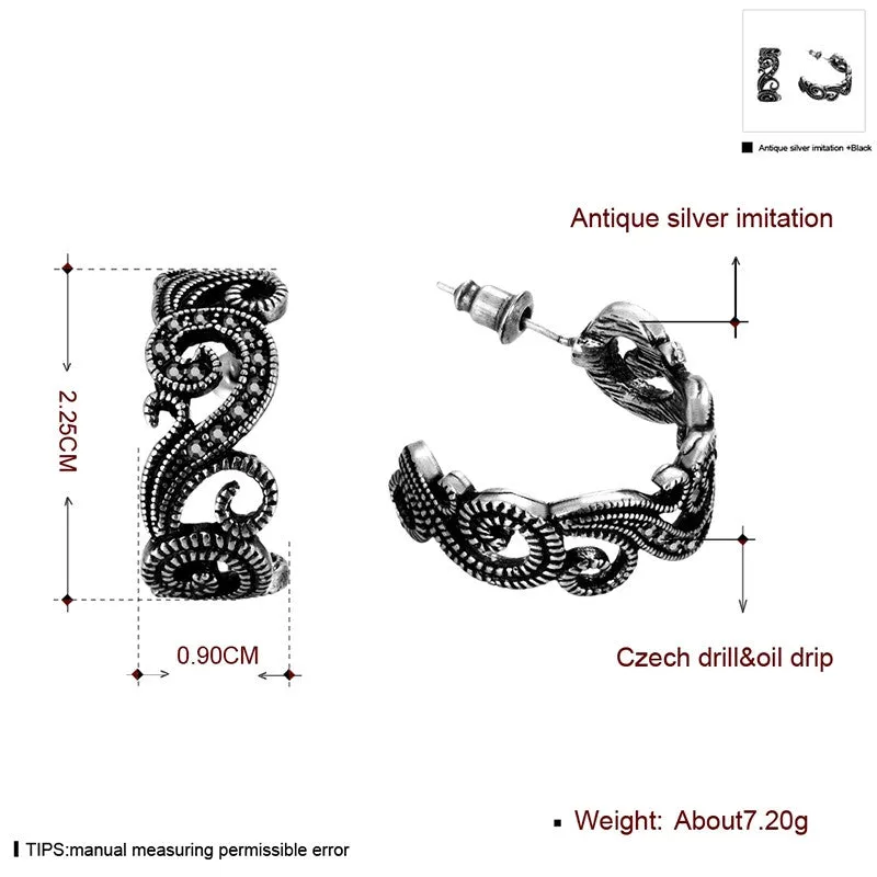Personalized Women Brand Retro Flower Designer Anqitue Silver Ear Stud Earrings Black CZ