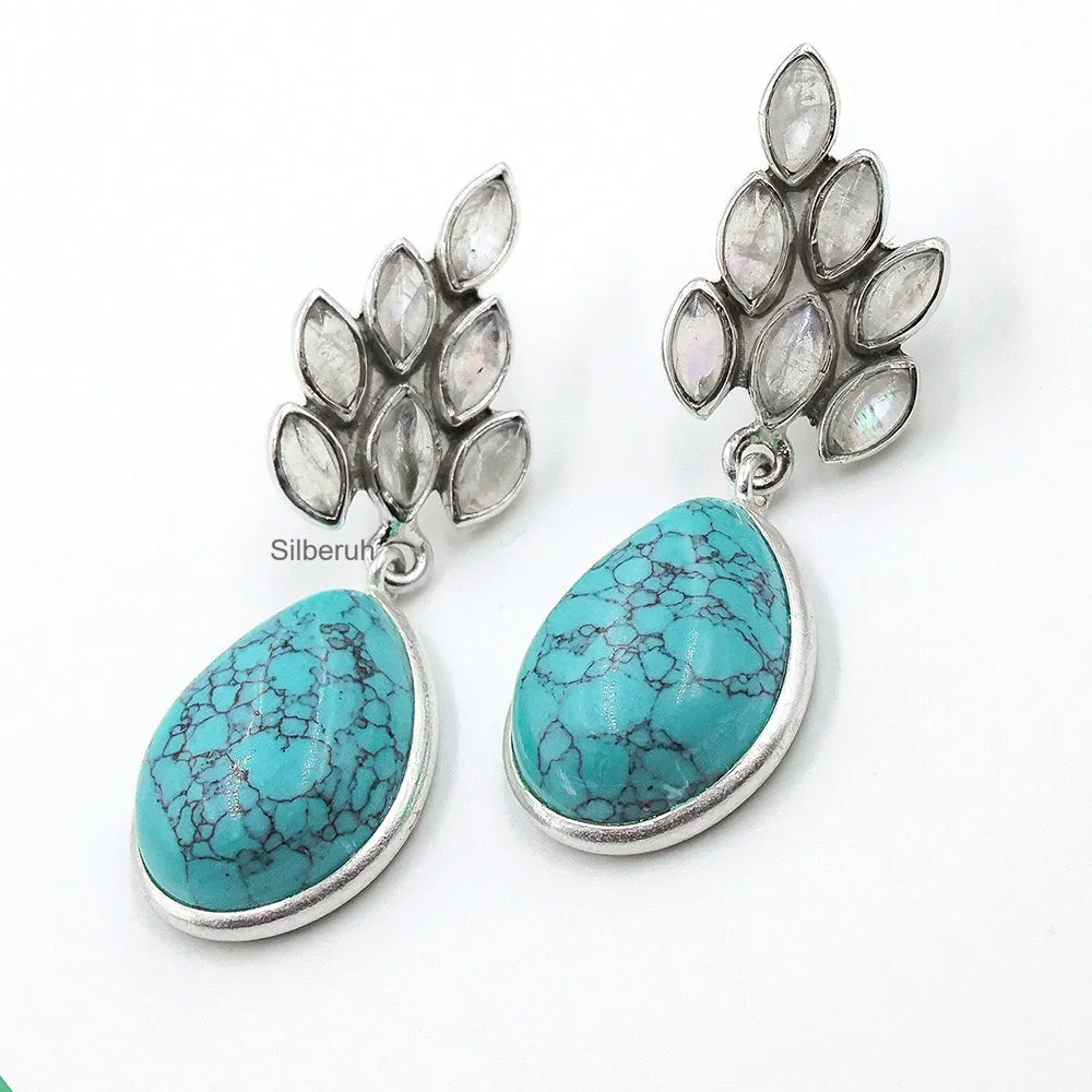 Rainbow Moonstone & Turquoise Silver Earring
