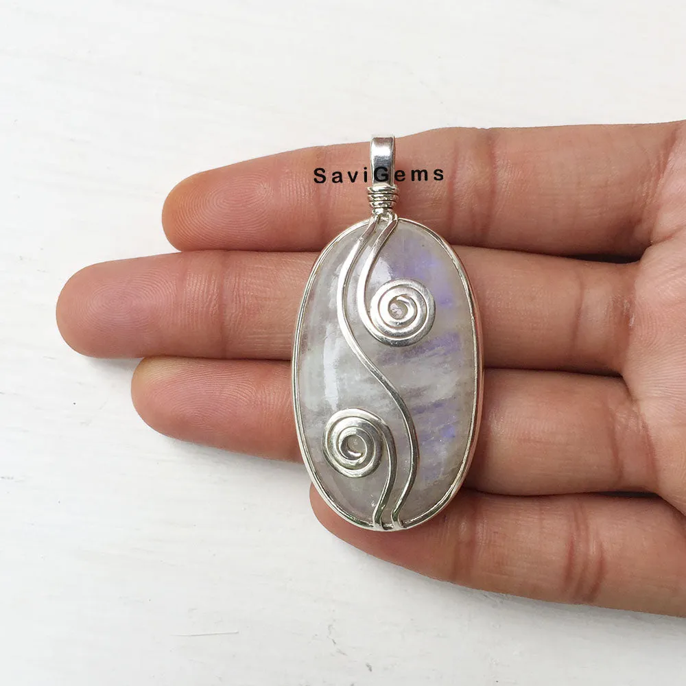 Rainbow Moonstone Swirl Sterling Silver Pendant