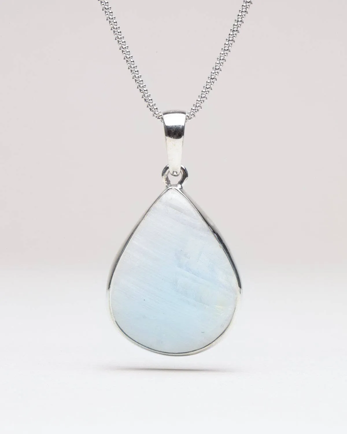 Rainbow Moonstone Teardrop Pendant Necklace - 24" Silver Chain