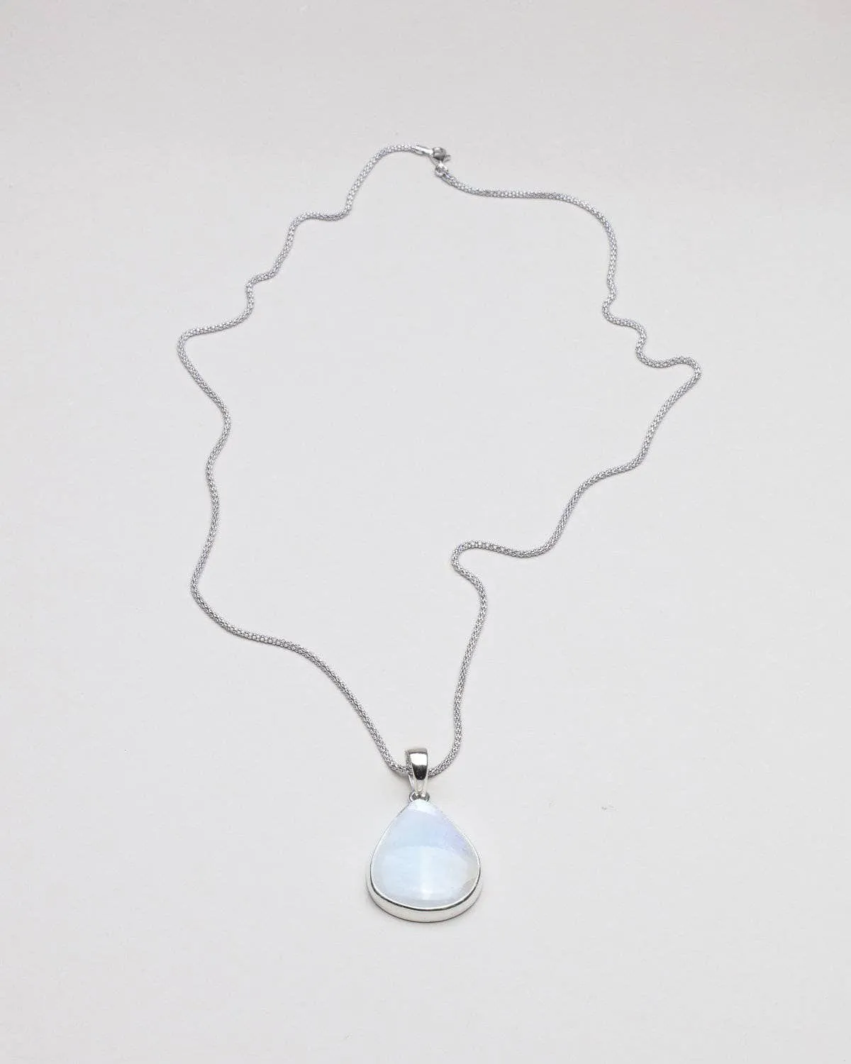 Rainbow Moonstone Teardrop Pendant Necklace - 24" Silver Chain