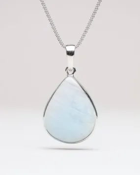 Rainbow Moonstone Teardrop Pendant Necklace - 24" Silver Chain