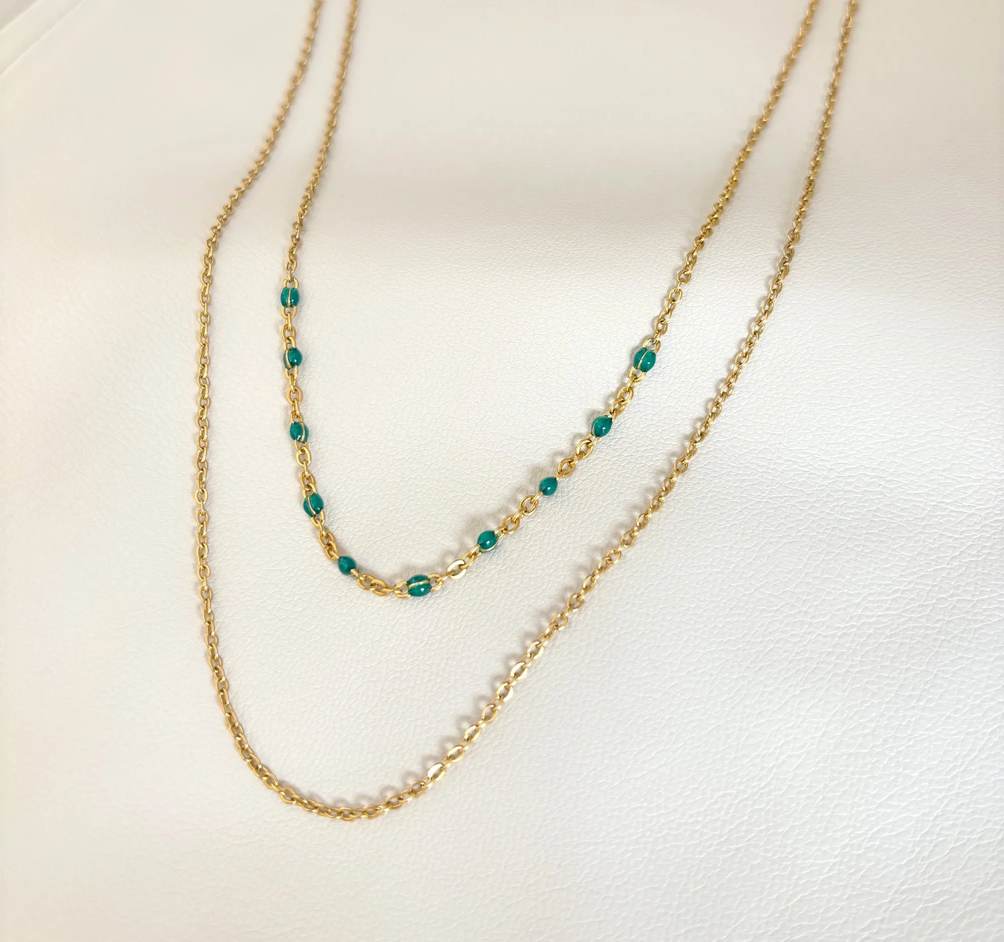 ROXI  DAINTY GOLD DUO GREEN BEADED NECKLACE