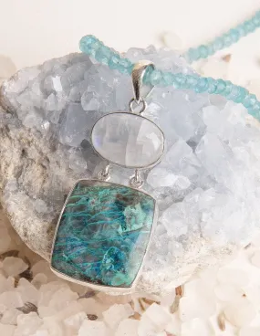 Shattuckite, Moonstone and Blue Apatite Beaded Necklace - One of a Kind