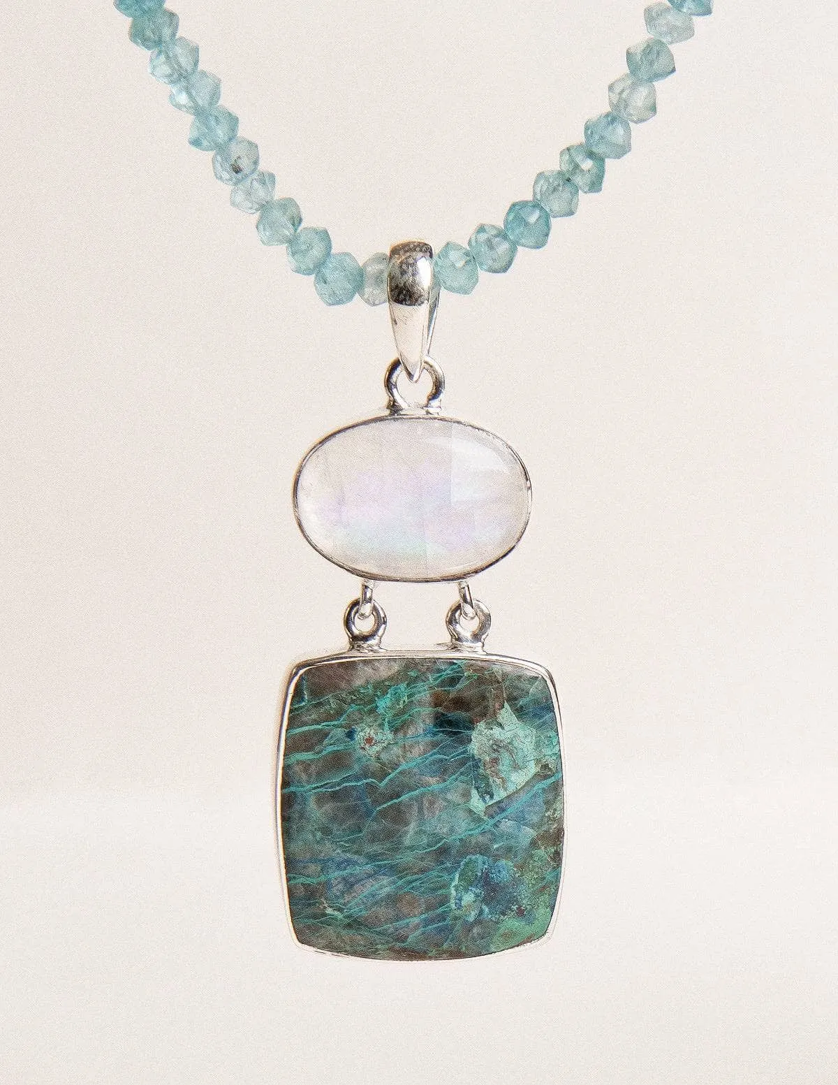 Shattuckite, Moonstone and Blue Apatite Beaded Necklace - One of a Kind