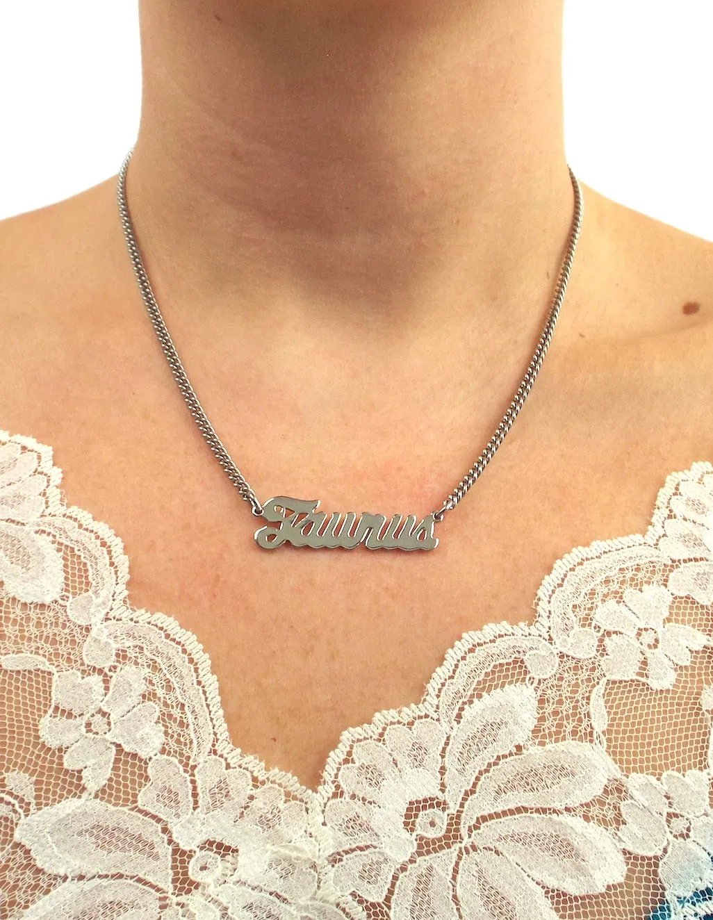 Silver Tone Cursive Zodiac Nameplate Necklace - All Signs Available!