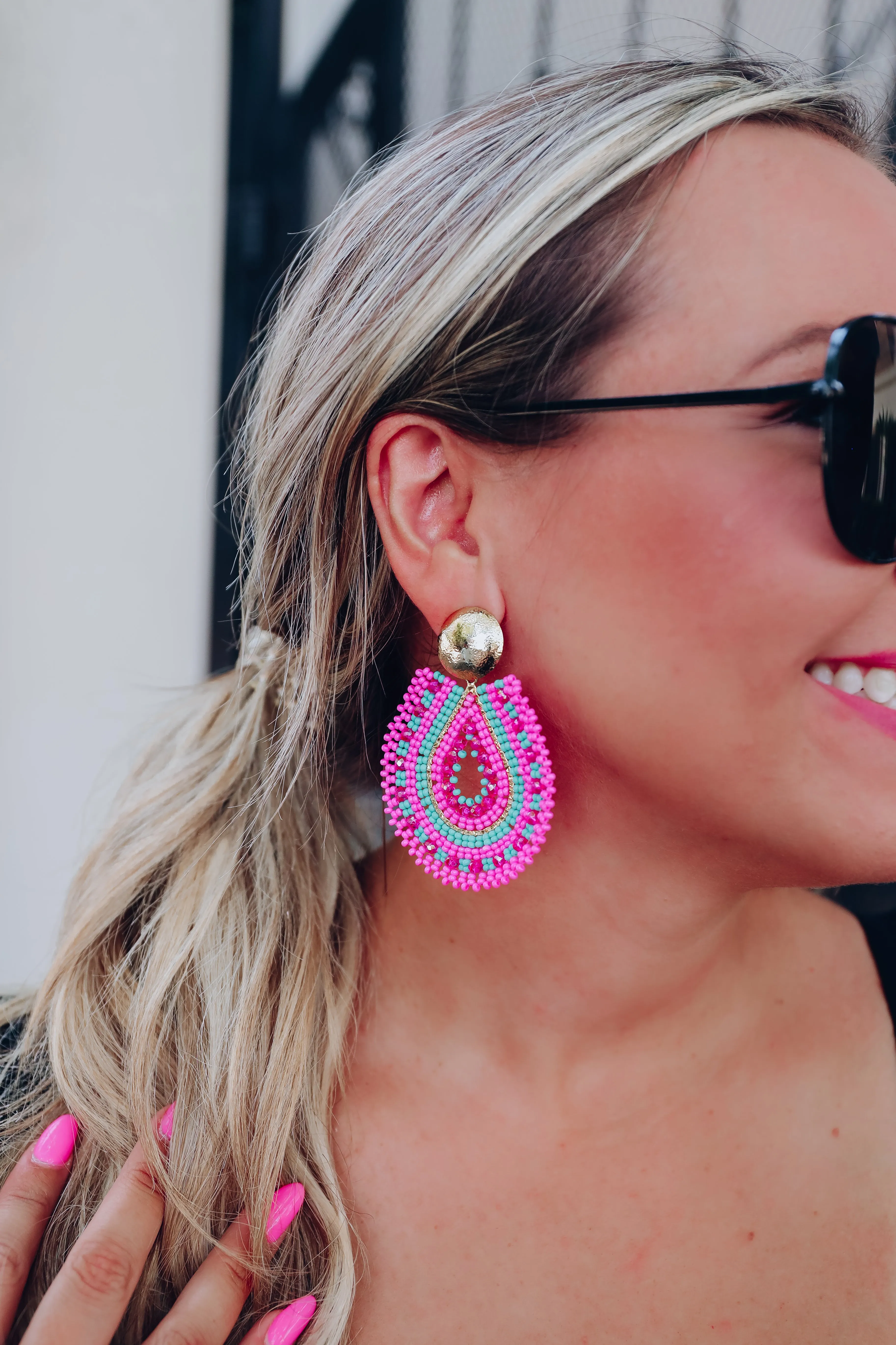 Teardrop Stacked Beaded Earrings By Treasure Jewels - Pink