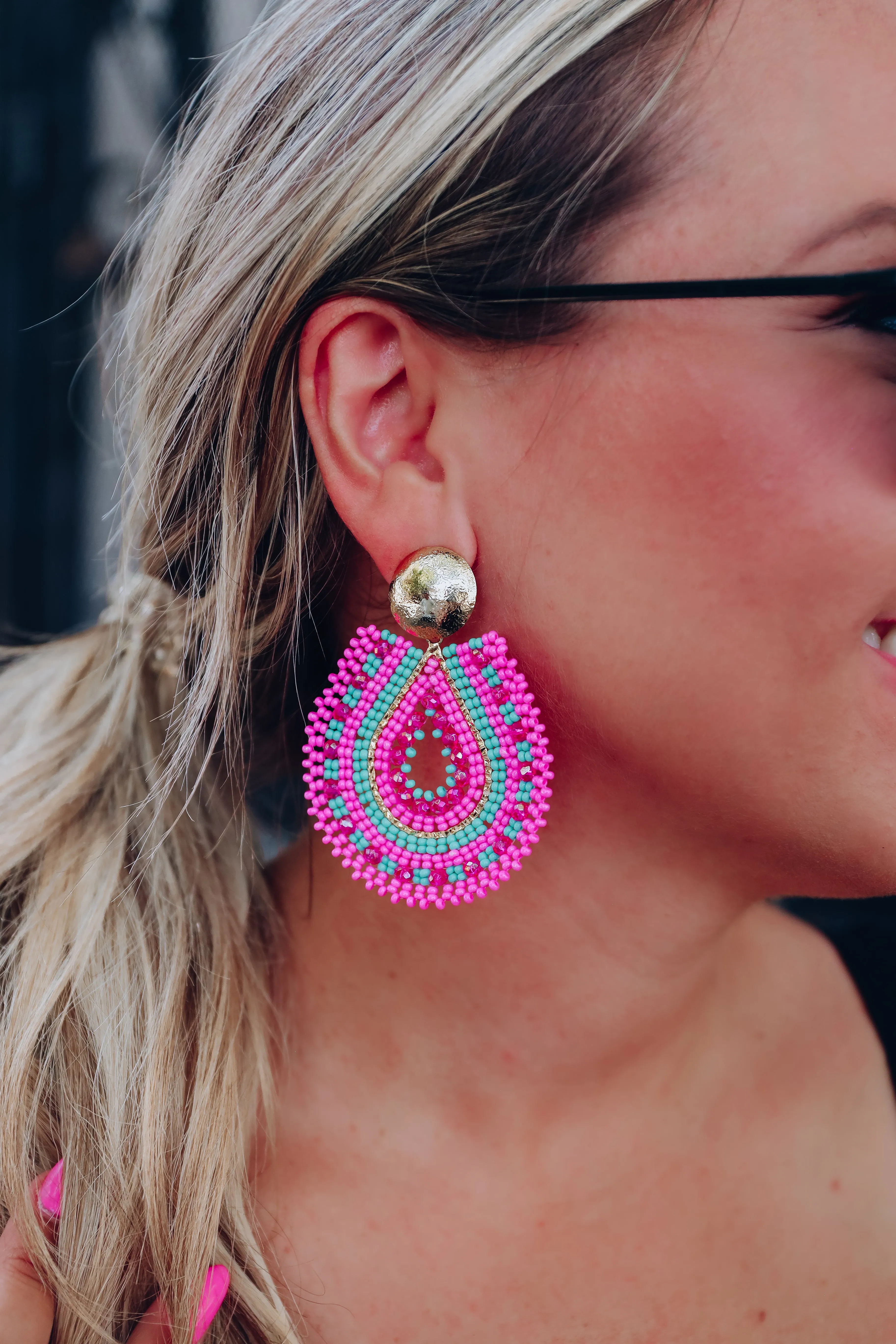 Teardrop Stacked Beaded Earrings By Treasure Jewels - Pink