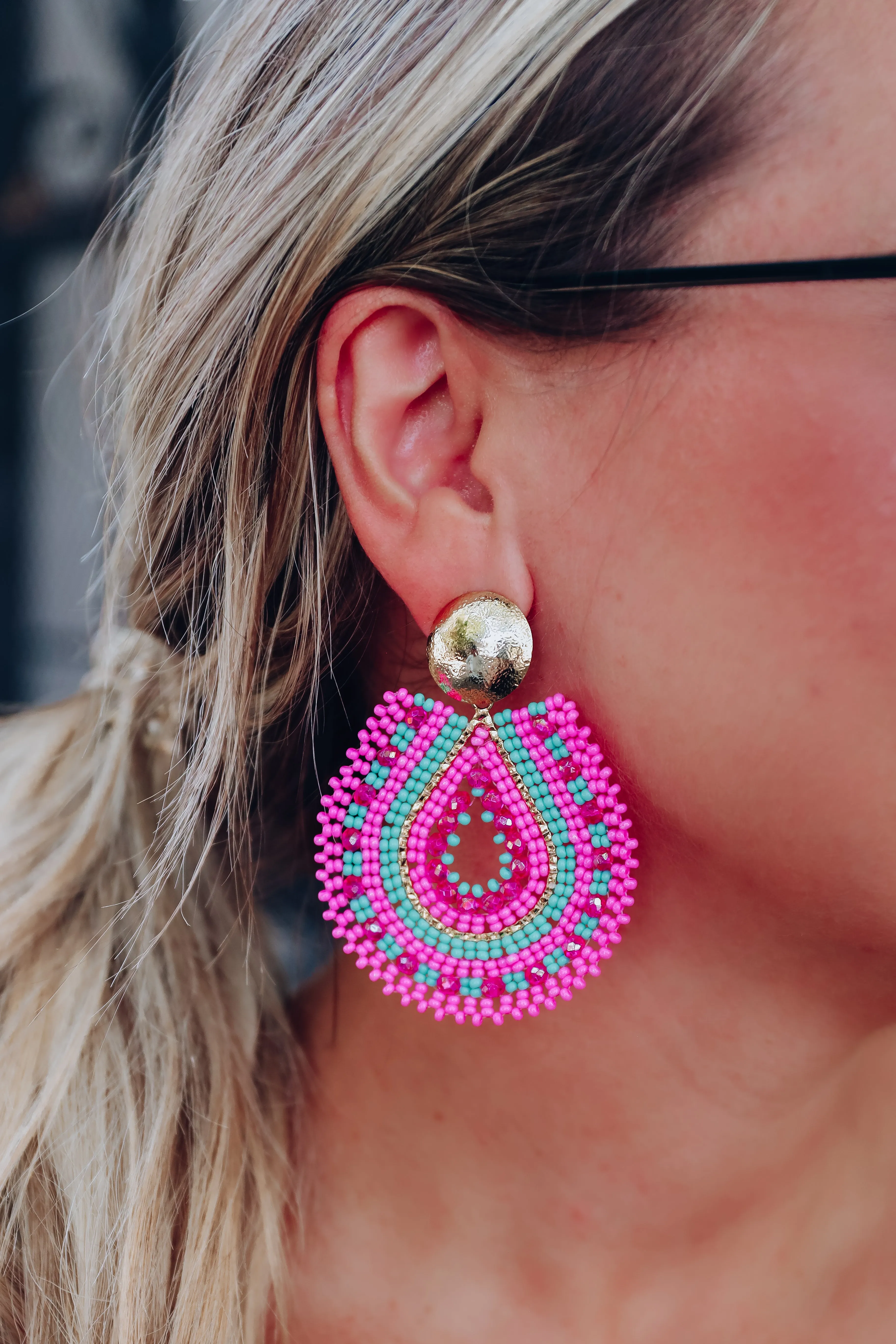 Teardrop Stacked Beaded Earrings By Treasure Jewels - Pink