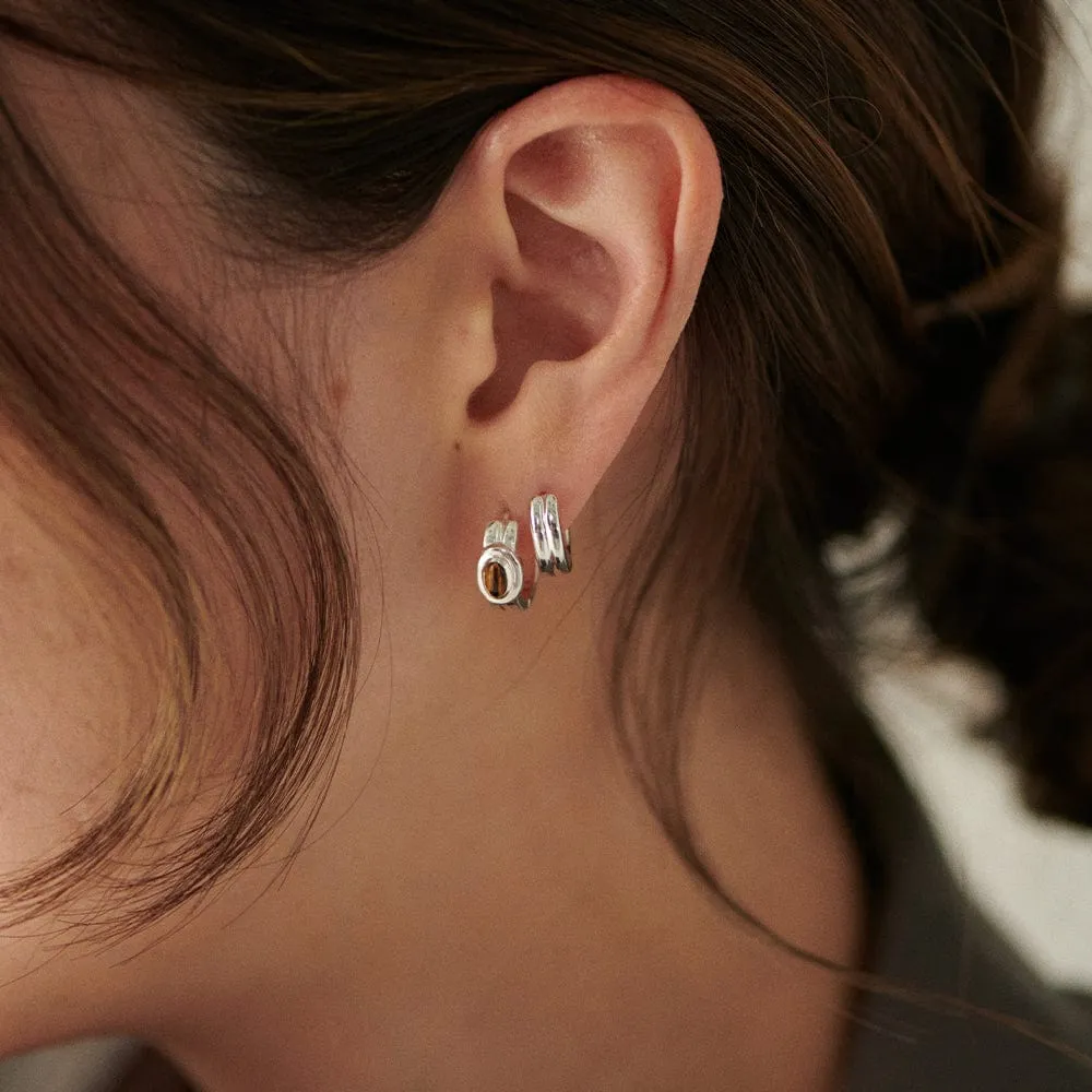 Tigers Eye Huggie Hoop Earrings Sterling Silver