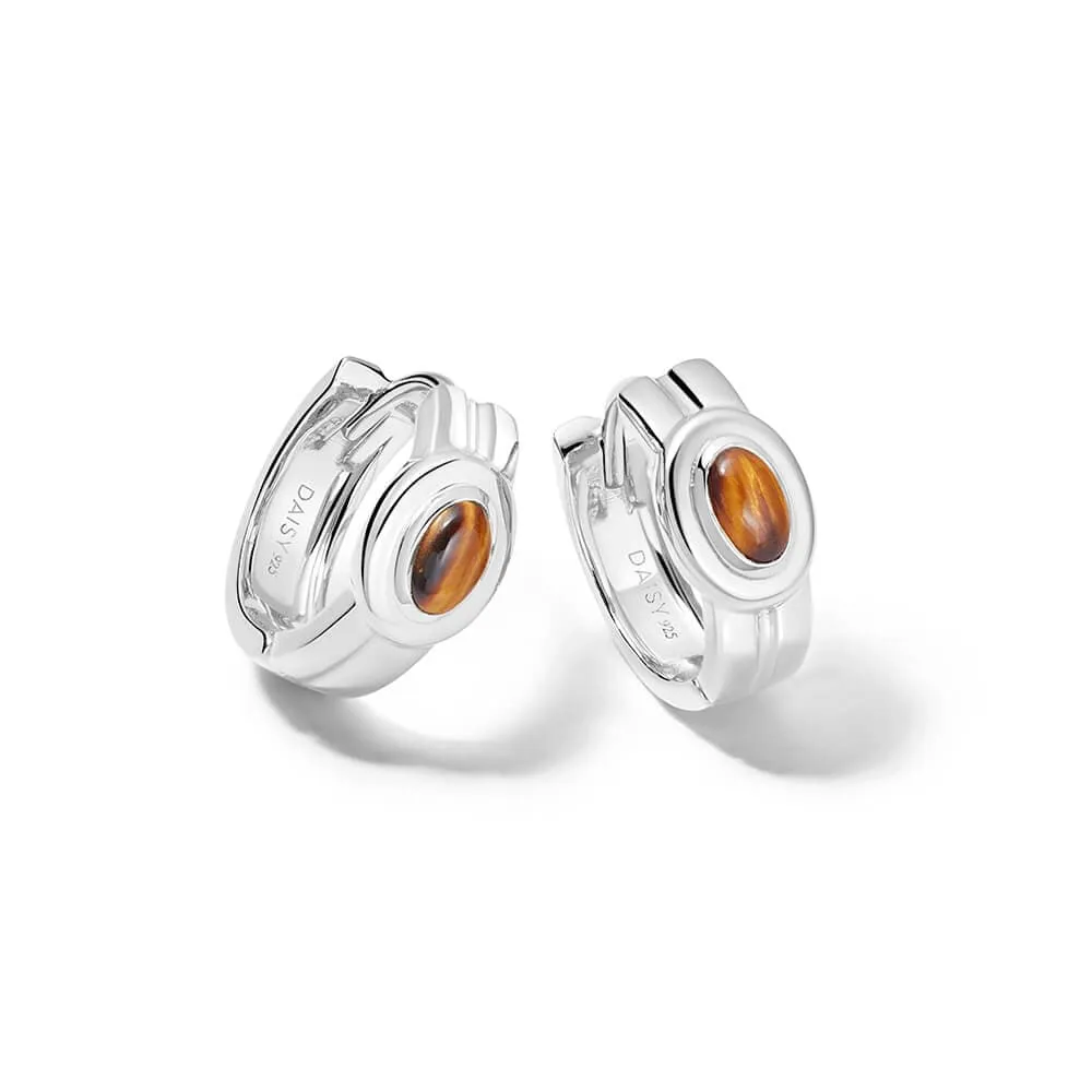 Tigers Eye Huggie Hoop Earrings Sterling Silver