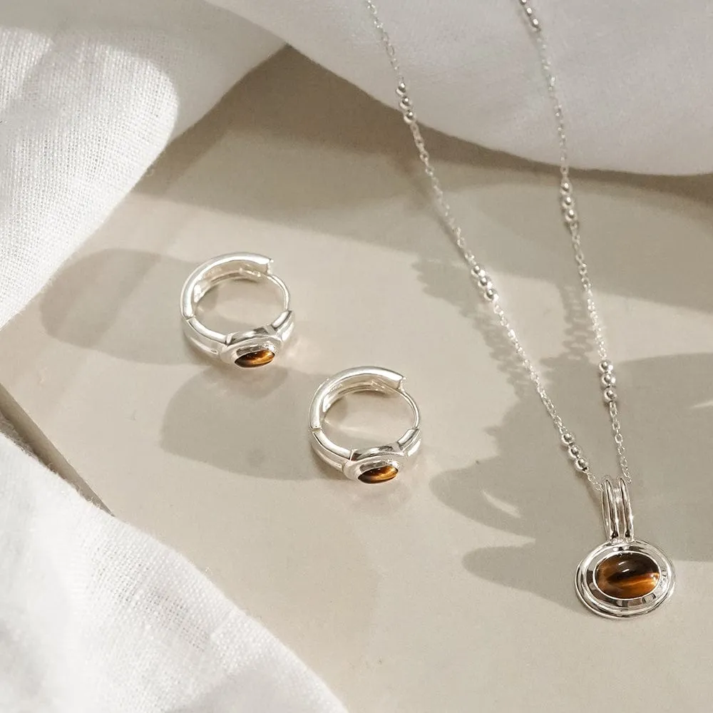Tigers Eye Huggie Hoop Earrings Sterling Silver