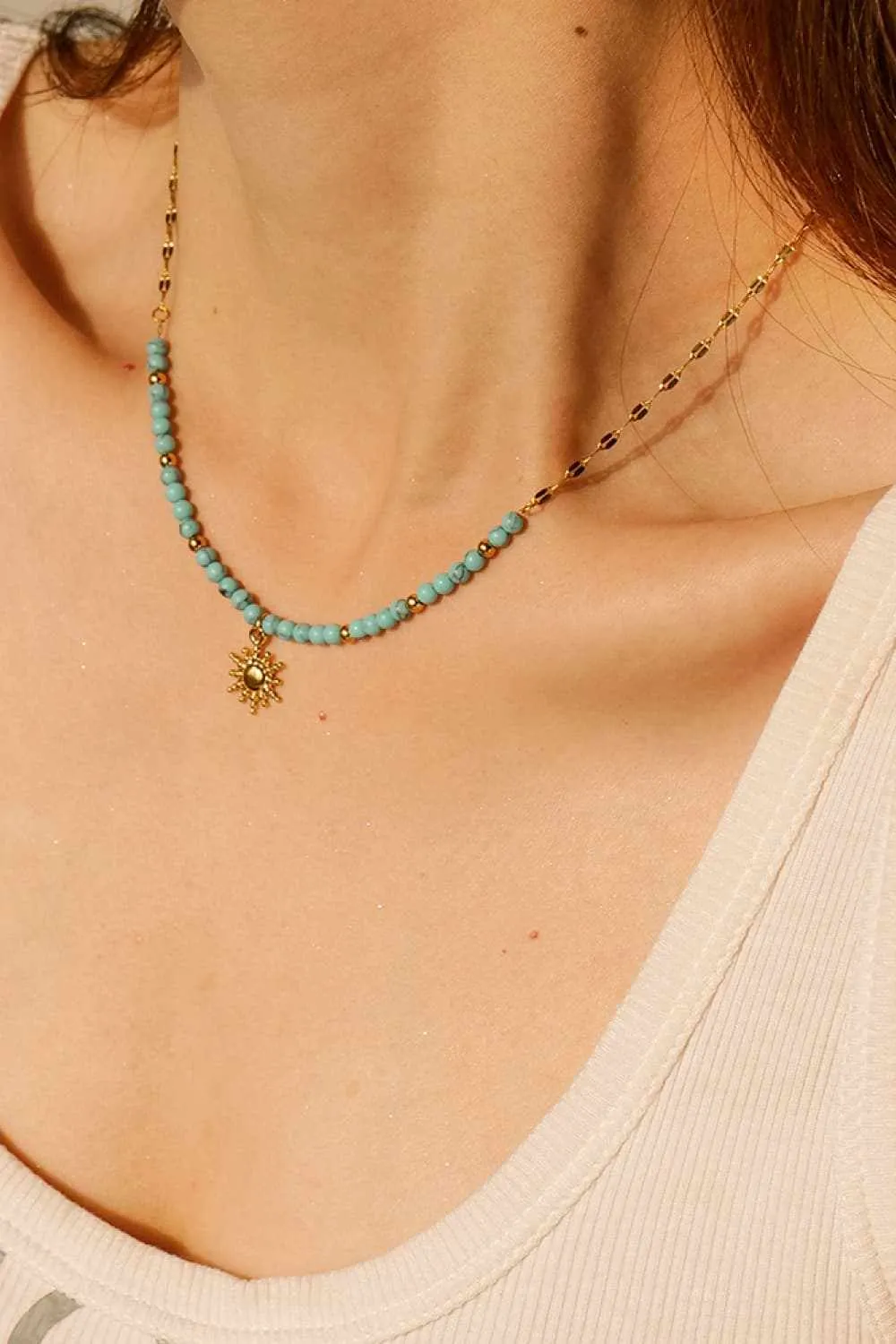 Turquoise Beaded 18K Gold-Plated Sun Shape Pendant Necklace